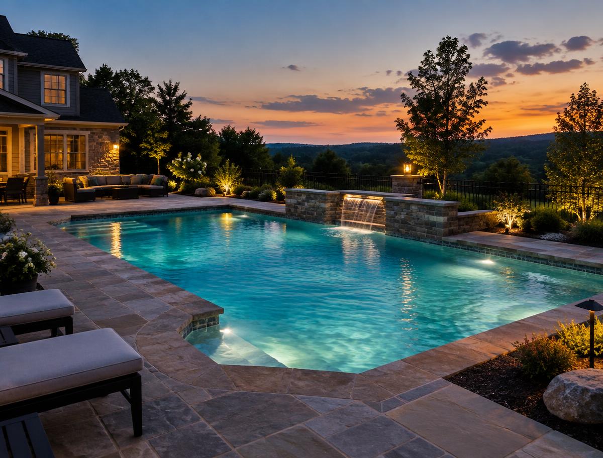 Backyard pool illuminated at dusk