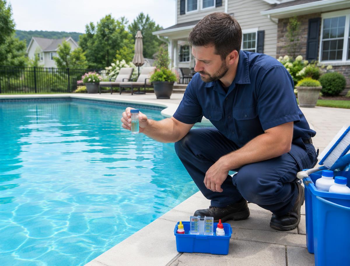 Technician checking pool water